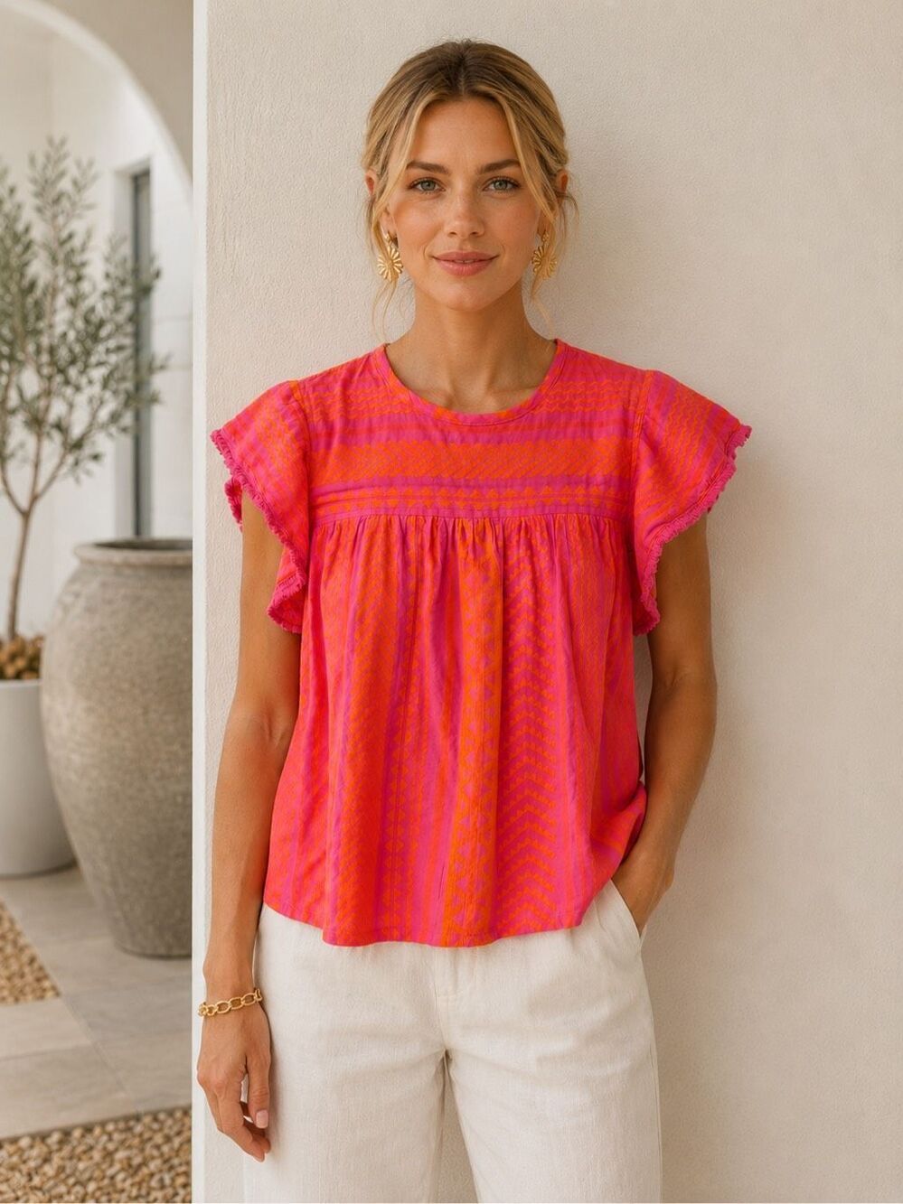 NWT Grace & Karma Pink Orange Embroidered Flutter Sleeve Boho Blouse, Sm G20